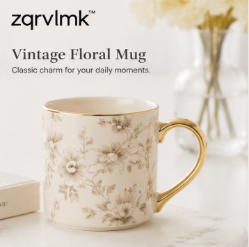 Vintage Floral Tea Mug, Cottagecore Ceramic Coffee Cup, Aesthetic Retro Mug with Gold Handle, Cute Kitchen Drinkware