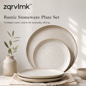 Rustic Stoneware Dinner Plate Set, Farmhouse Ceramic Plates, Neutral Kitchen Tableware, Handmade Style Dish Set