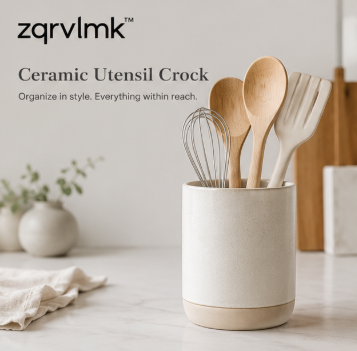 Ceramic Utensil Holder Crock, Kitchen Counter Organizer, Farmhouse Cooking Tool Container, Modern Kitchen Decor Accessory